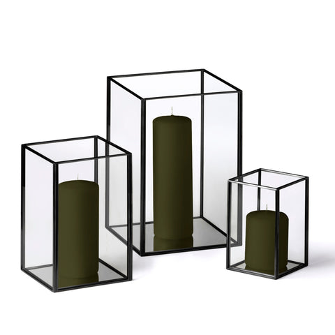 Yummi Candles - 12 Slim Pillar Candles and Black Luxus Lanterns