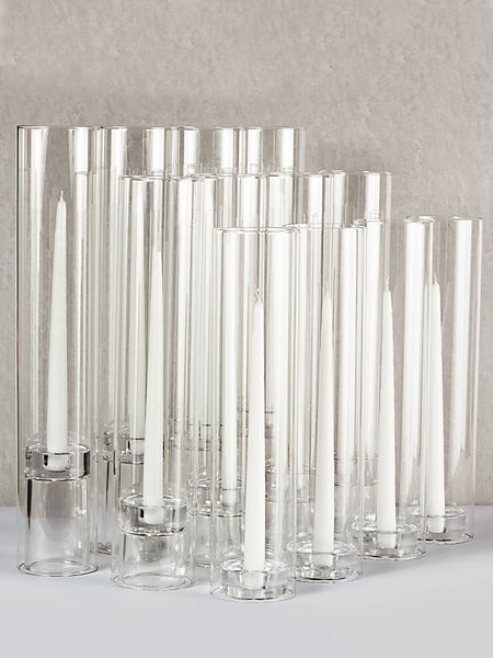 12 Taper Candles, 12 Glass Chimneys and 12 Glass Taper Holders