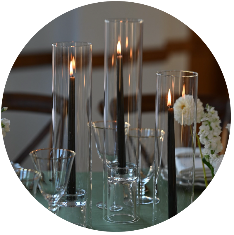 12 Taper Candles,  Glass Chimneys