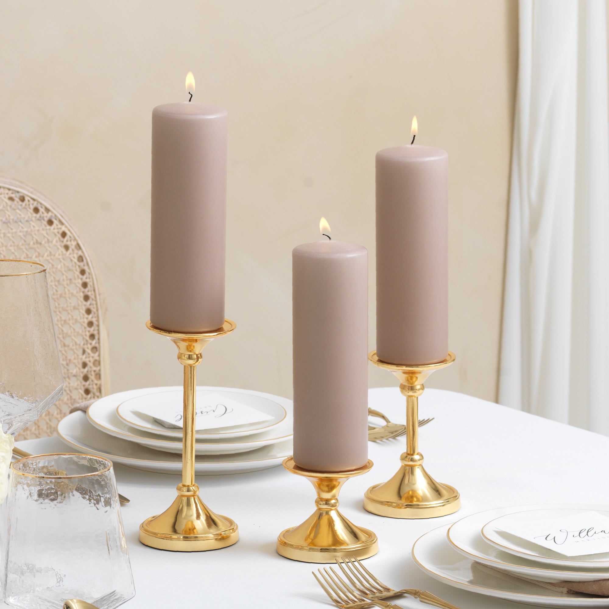12 Slim Pillar Candles and 12 Gold Timeless Pillar Holders
