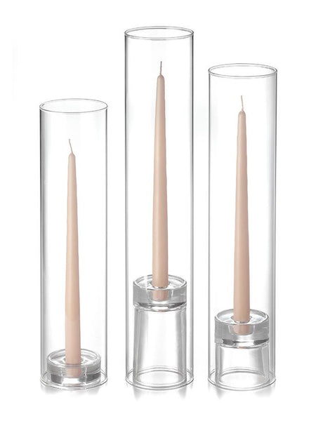 12 Taper Candles, 12 Glass Chimneys and 12 Glass Taper Holders