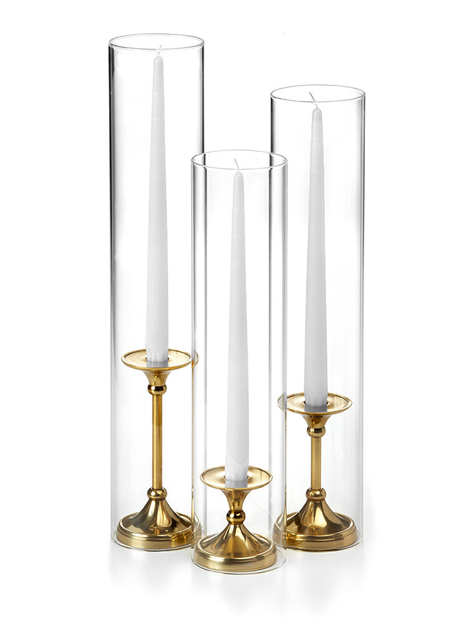 12 Taper Candles, 12 Glass Chimneys and 12 Gold Timeless Taper Holders –  Yummicandles