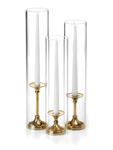 12 Taper Candles, 12 Glass Chimneys and 12 Gold Timeless Taper Holders