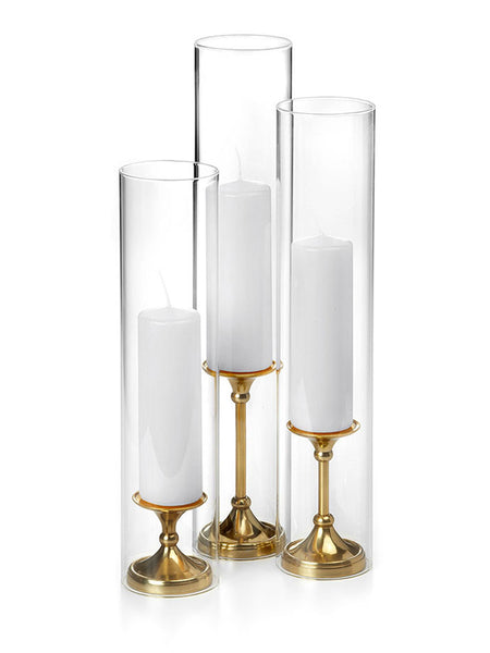 12 Slim Pillar Candles, 12 Glass Chimneys and 12 Gold Timeless Pillar Holders