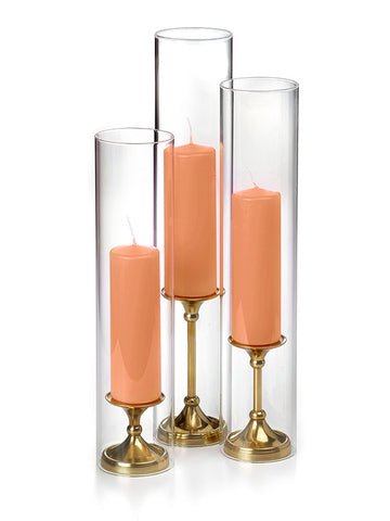 Yummi Candles - 12 Slim Pillar Candles, 12 Glass Chimneys and 12 Gold Timeless Pillar Holders