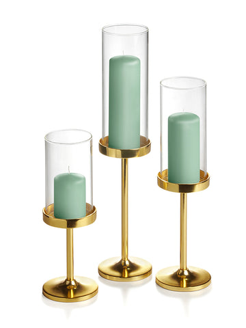 Yummi Candles - 12 Slim Pillar Candles, 12 Cylinder Vases and 12 Gold Vevo Pedestals