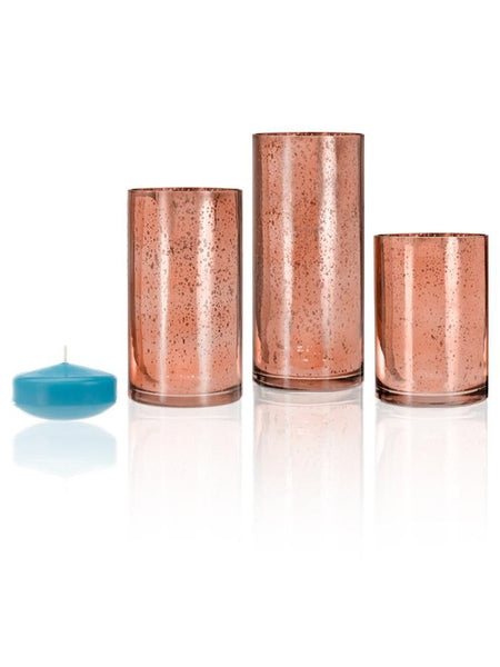 3" Floating Candles and Rose Gold Metallic Cylinders Caribbean Blue