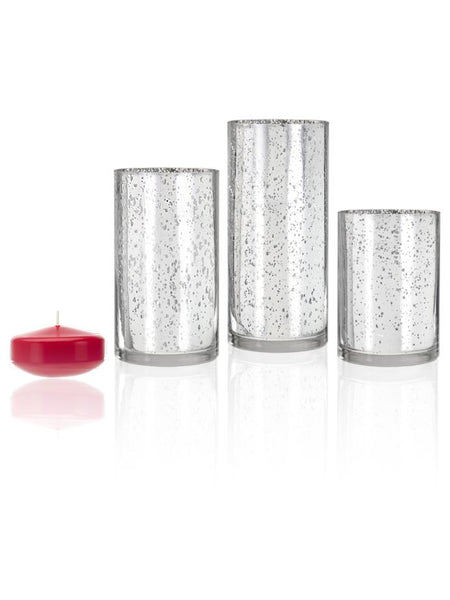 3" Floating Candles and Silver Metallic Cylinders Ruby Red