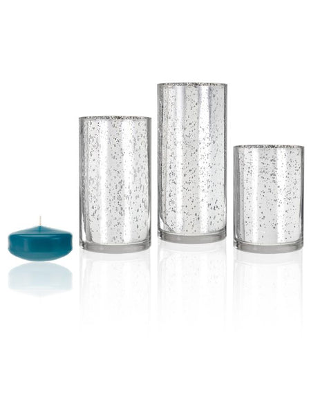 3" Floating Candles and Silver Metallic Cylinders Turquoise