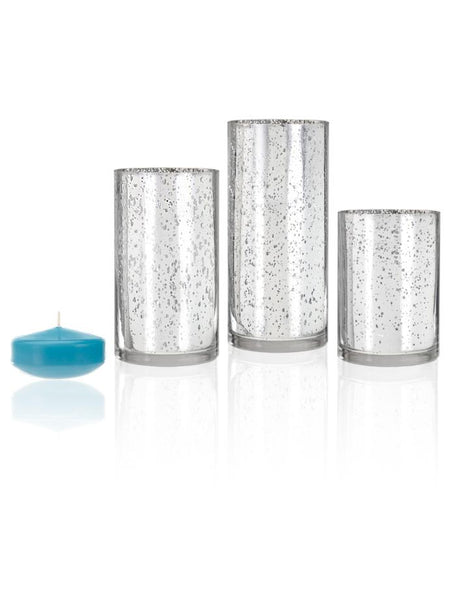 3" Floating Candles and Silver Metallic Cylinders Caribbean Blue
