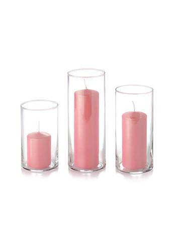 Yummi Candles - 12 Slim Pillar Candles and Cylinder Vases